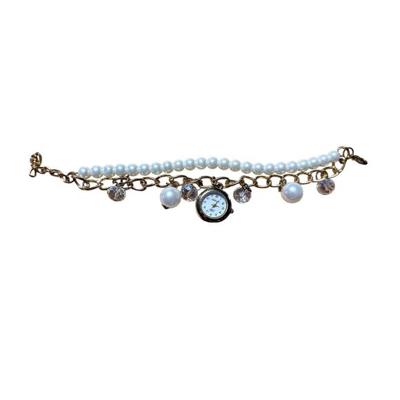 Coquette Pearl Charm Bracelet Watch | Gold Tone Crystal Dangle | New Battery - Picture 4 of 6